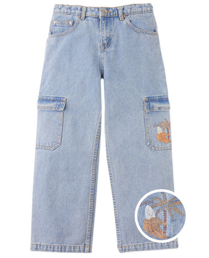 Gingersnaps Boys' Loose Cargo Pant Denim with Banana Print features wide legs, light blue denim, side flap pockets, a banana pocket, and an embroidered cat under a palm tree on the right pocket.