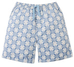 The Boys' Pablo Twill Baltik Tile Drawstring Shorts by Gingersnaps feature a light blue and white geometric floral pattern, an elastic waist, and a drawstring closure.