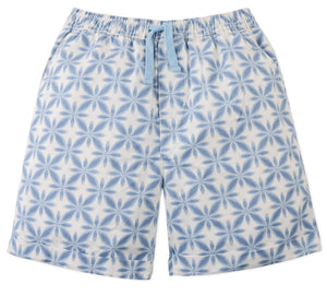 The Boys' Pablo Twill Baltik Tile Drawstring Shorts by Gingersnaps feature a light blue and white geometric floral pattern, an elastic waist, and a drawstring closure.