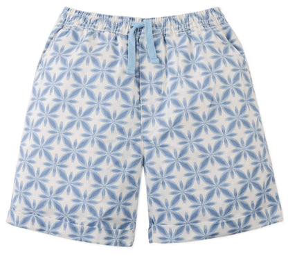 The Boys' Pablo Twill Baltik Tile Drawstring Shorts by Gingersnaps feature a light blue and white geometric floral pattern, an elastic waist, and a drawstring closure.