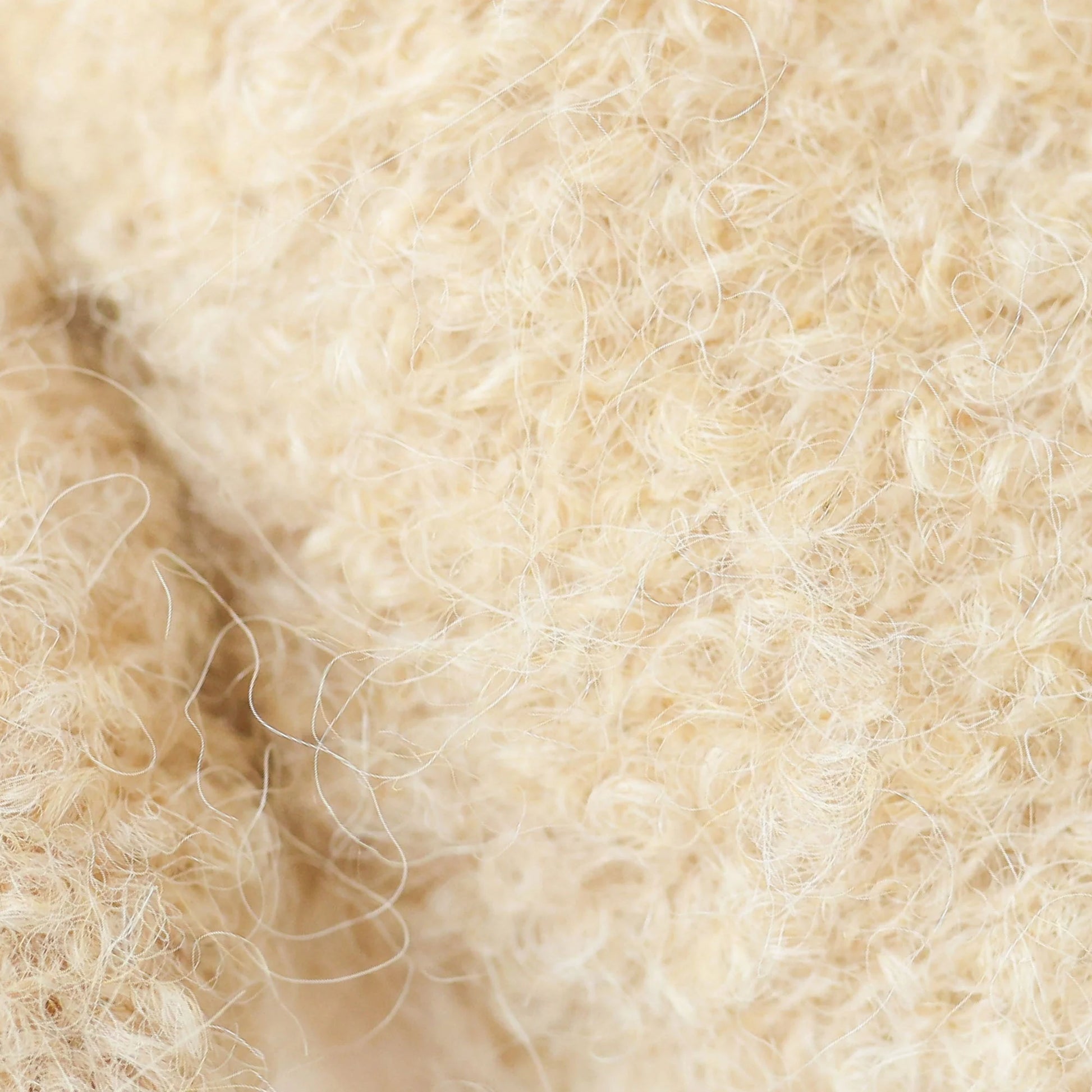 Close-up of light beige, curly wool fibers on the Baby Boucle Bear - Honey by Cuddle + Kind, highlighting the heirloom-quality texture and fine strands ideal for hand-knit baby animals.