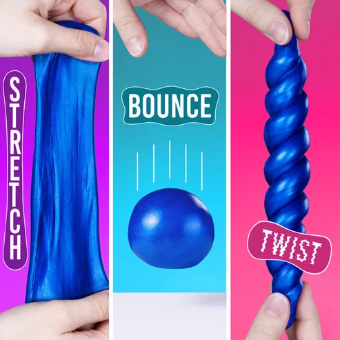 Three panels display blue Tidal Wave Magnetic Storm Thinking Putty by Crazy Aaron’s being stretched, bounced, and twisted, each with a label: “STRETCH,” “BOUNCE,” and “TWIST.” Hands demonstrate the sensory toy in action.