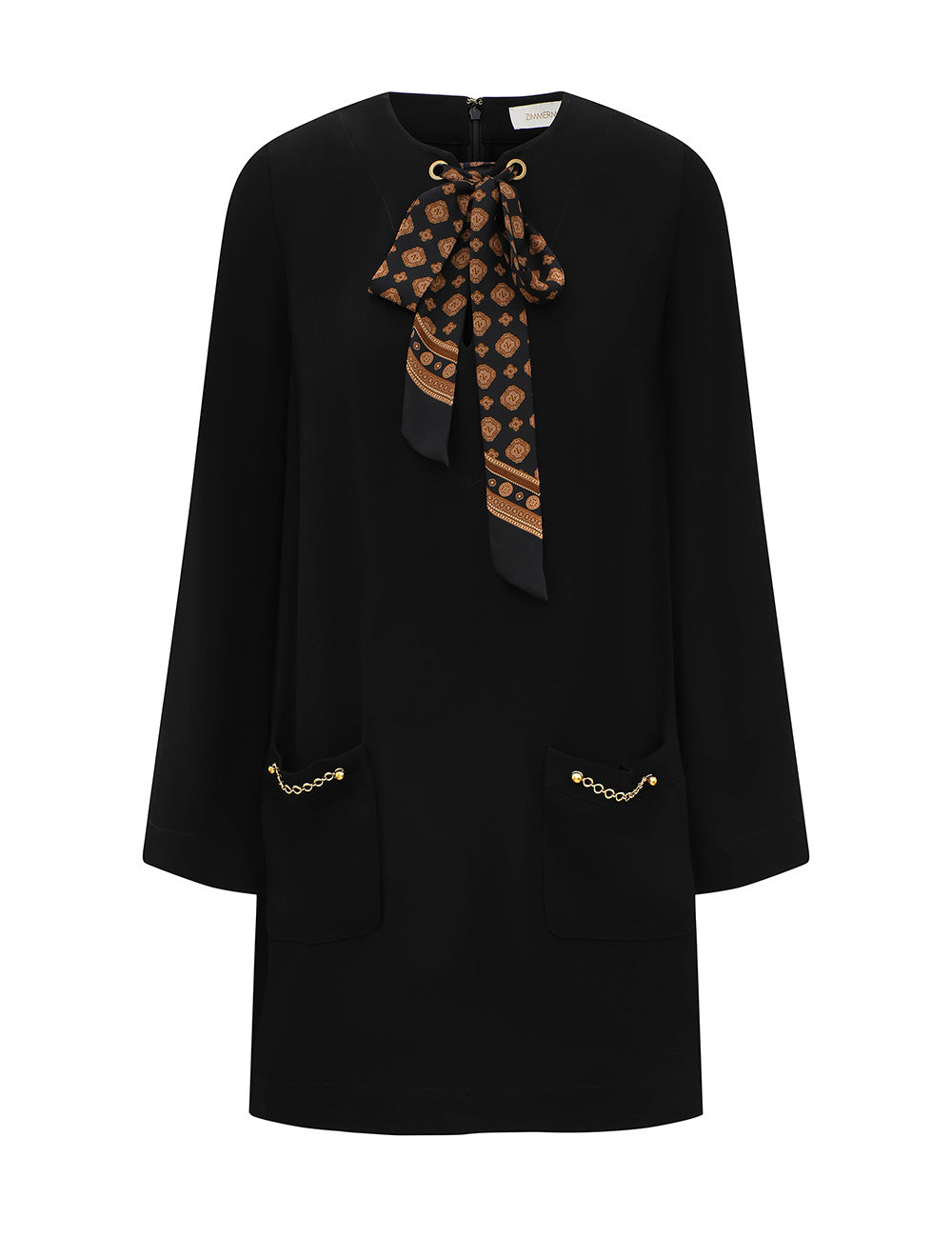 Zimmermann Utility Tunic Dress in black, featuring long sleeves, a patterned neck tie, and two front pockets accented with gold-tone chains.