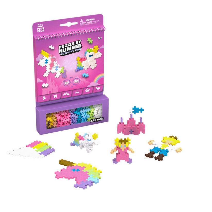 The Plus Plus Puzzle By Number® Activity Pad includes 125 colorful interlocking pieces, a storage box, and assembly instructions for building a unicorn, rainbow, castle, and two characters—making it perfect for inspiring creativity and developing fine motor skills.