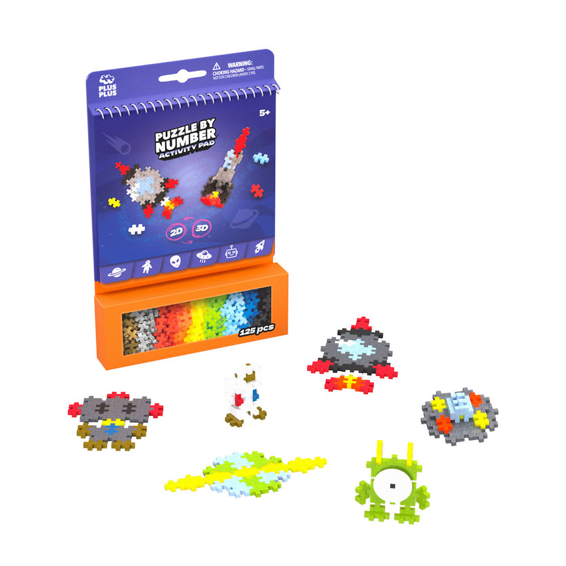The Plus Plus Puzzle By Number® Activity Pad features 425 colorful pieces and showcases striking pixel-art space designs right on the front of the box. This engaging set sparks creativity and helps develop fine motor skills as children assemble their own vibrant space-themed creations.