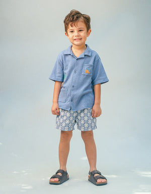 A young boy stands against a light background, smiling slightly with his hands by his sides, wearing a blue short-sleeve button-up shirt, Gingersnaps Boys' Pablo Twill Baltik Tile Drawstring Shorts, and black sandals.