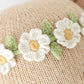 Close-up of the Charlotte the Dog - Little 13" by Cuddle + Kind, featuring beige knitted fabric with charming white and yellow embroidered flowers and green leaves for a garden-inspired look.