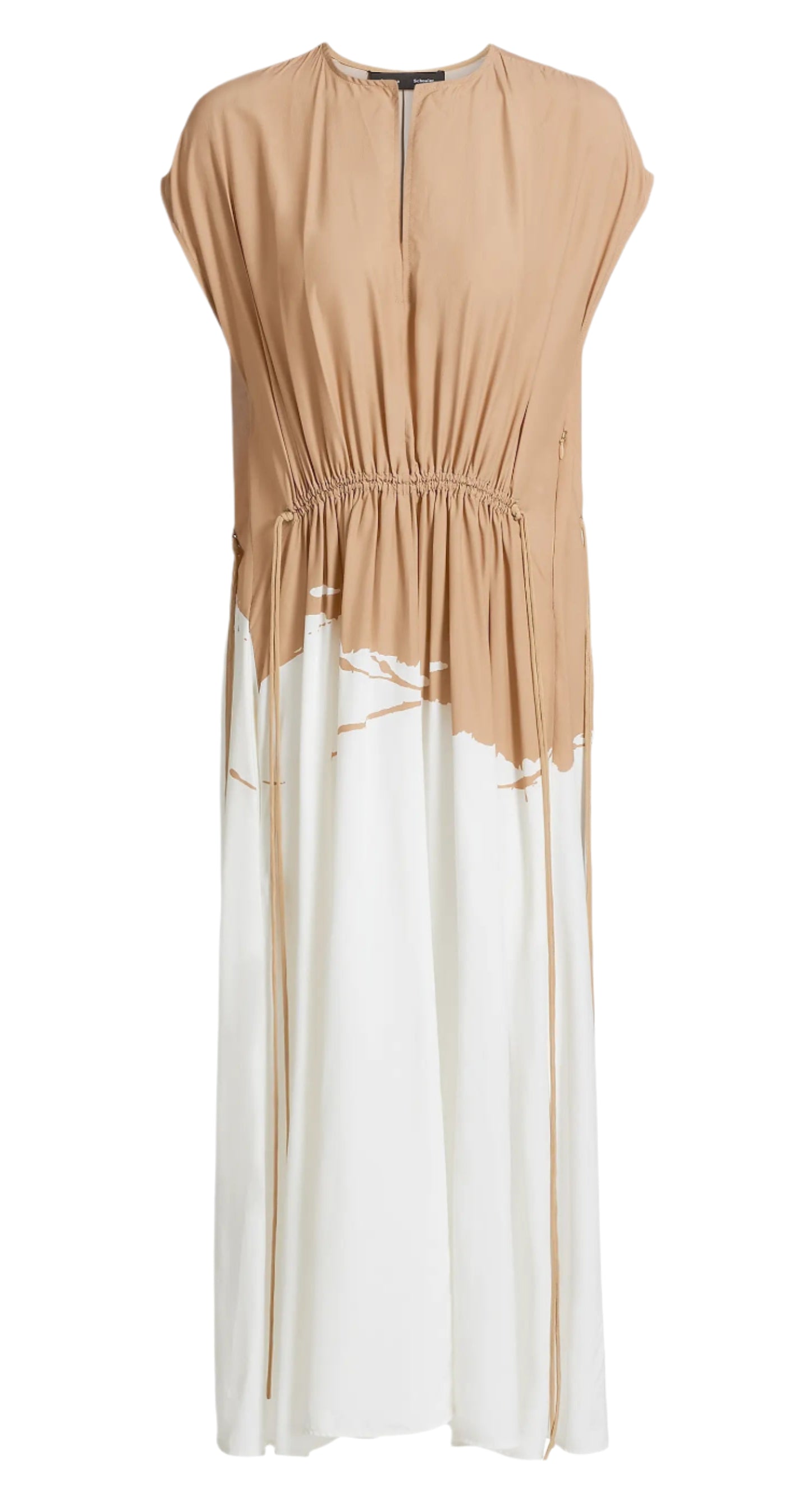 The Ezra Dress by Proenza Schouler is a sleeveless midi dress with a tan top, white skirt, ruched drawstring waist, split neckline, and stylish details.