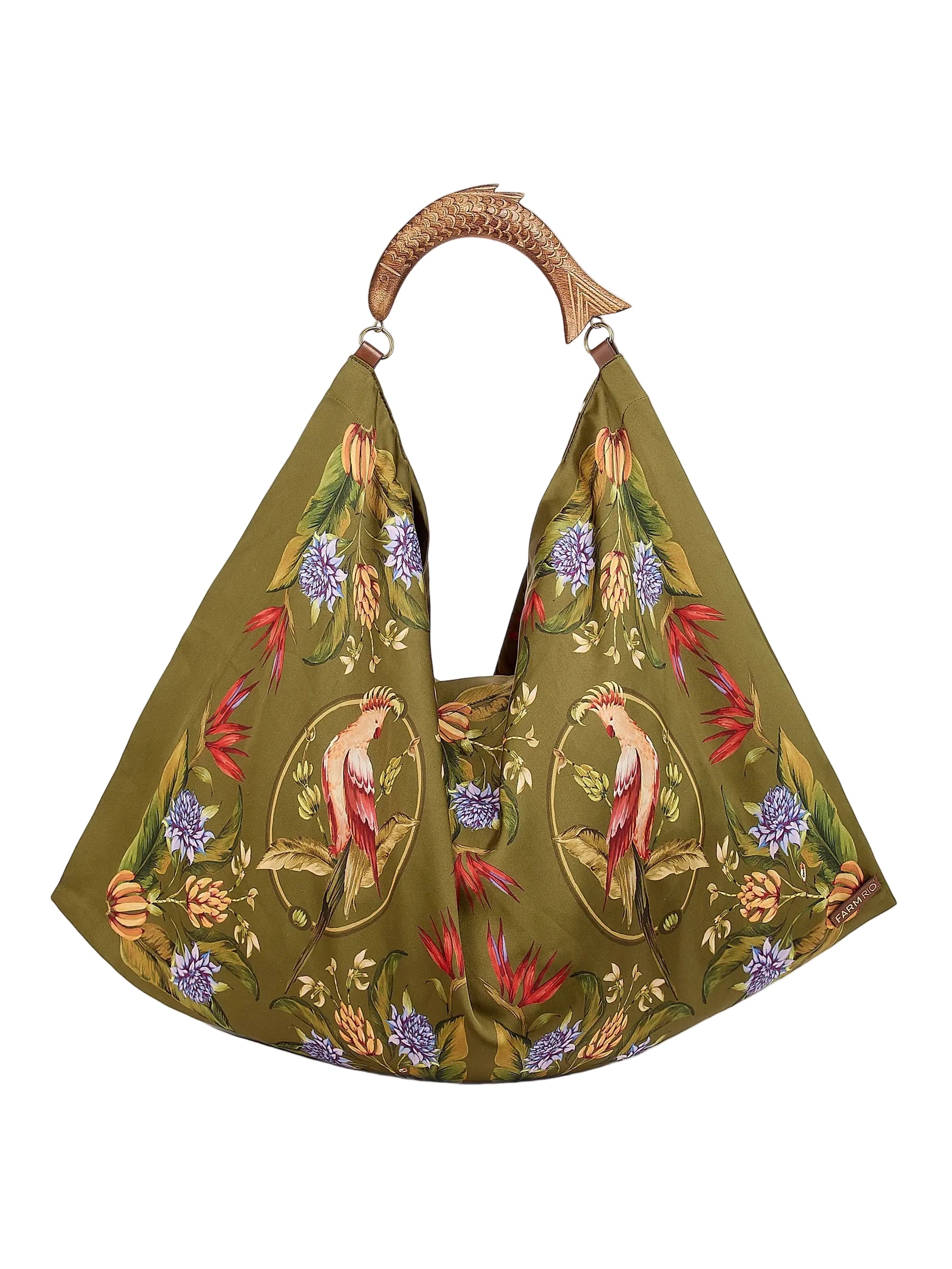Farm Rio’s Satin Scarf Medium Bag features olive green fabric with floral and bird print, plus a sculpted fish-shaped wooden handle—a standout accessory for bold style and tropical flair lovers.