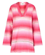 A lemlem Raey Dress by Lemlem, with long sleeves and a V-neckline, features horizontal stripes in varying shades of pink and white, reminiscent of a classic mini dress.