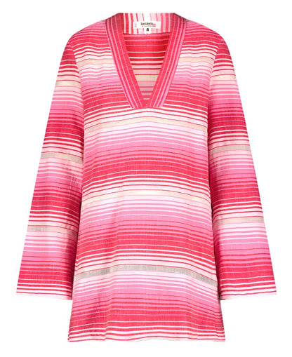 A lemlem Raey Dress by Lemlem, with long sleeves and a V-neckline, features horizontal stripes in varying shades of pink and white, reminiscent of a classic mini dress.