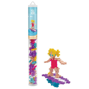 The Plus Plus Tube - Surfer Girl is a colorful STEM toy tube filled with interlocking pieces, perfect for creative play and fine motor skill building. Includes instructions to build a surfer girl model.