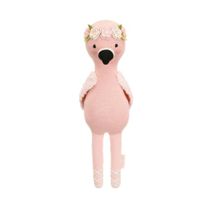 Penelope the Flamingo by Cuddle + Kind is a little 13" pink stuffed flamingo toy featuring tropical flowers in her flower crown and ballet slipper details on her feet.