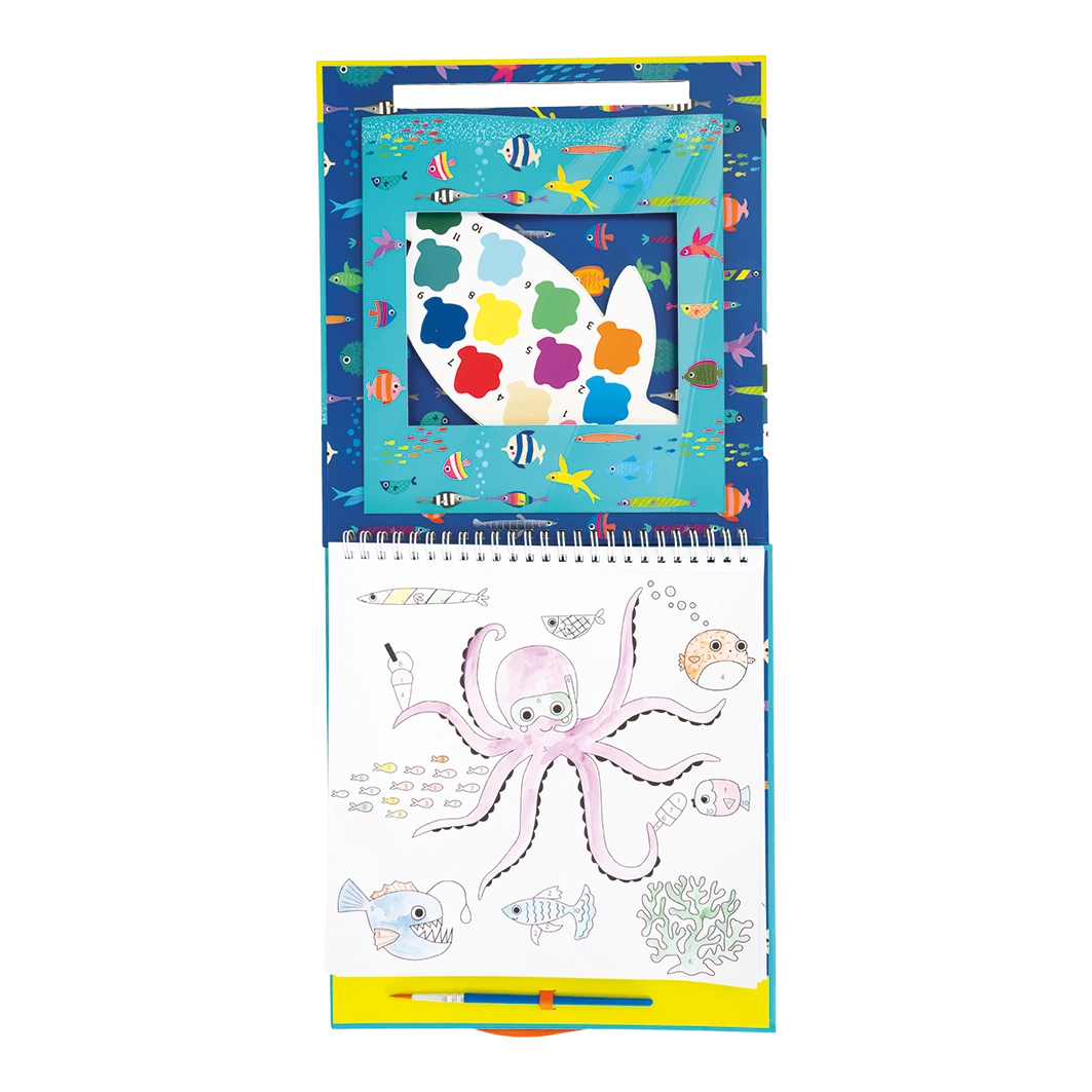 The Floss and Rock Paint By Numbers - Ocean kit is a children’s watercolor painting pad featuring an undersea scene with an octopus, fish, and coral. It includes a watercolor paint palette, brush, and illustrated background with colorful sea life. This kids art kit is perfect for inspiring creativity and makes a great introduction to Ocean-themed Paint By Numbers projects.