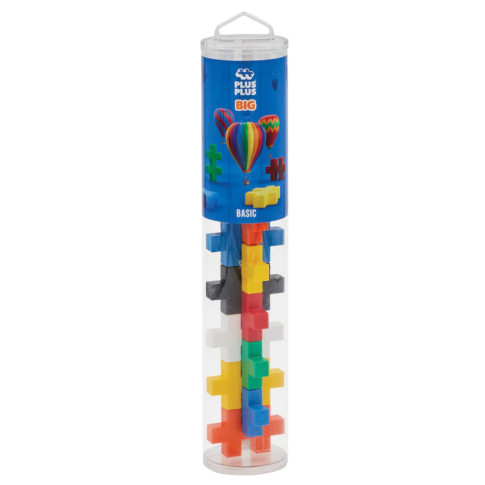 The Plus Plus Tube - BIG 15 Piece - Basic features colorful interlocking building blocks in a clear tube with a blue hot air balloon label, perfect for creative play and developing fine motor skills.