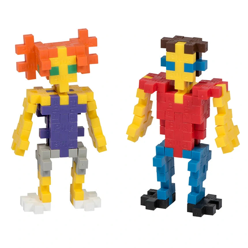 Two colorful humanoid figures built from Plus Plus Tube - 240 Piece Basic Mix interlocking blocks, ideal for creative play and fine motor skill development—one with orange hair/purple outfit, the other brown hair/red outfit, side by side.