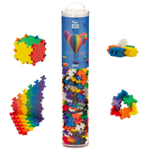 The Plus-Plus Tube - 240 Piece Basic Mix features a clear tube filled with colorful building pieces, perfect for creative play and fine motor skill development, shown assembled into shapes like cubes, rainbow walls, and geometric structures.