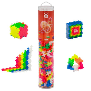 The Plus Plus Tube - 240 Piece Neon Mix features a cylindrical container with four colorful constructions, making it the perfect STEM toy for creative play and fine motor skill development.