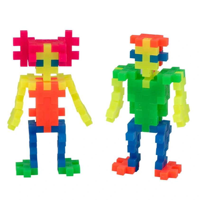 Two vibrant humanoid figures built from Plus Plus Tube - 240 Piece Neon Mix inspire creative play and develop fine motor skills, each showcasing bold neon colors and geometric shapes.