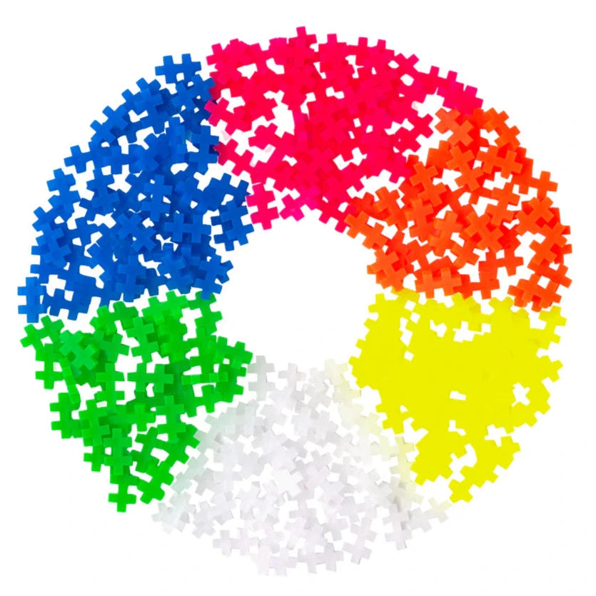 The Plus Plus Tube - 240 Piece Neon Mix features vibrant interlocking pieces in blue, pink, orange, yellow, white, and green—an engaging STEM toy that inspires creative play for kids.
