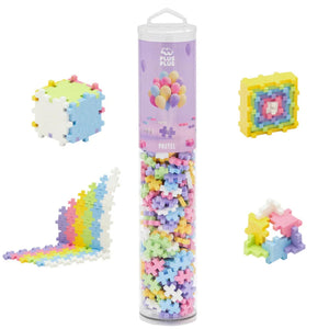 The Plus Plus Tube - 240 Piece - Pastel Mix features colorful pastel blocks assembled into fun shapes like a cube, square, arch, and wave—ideal for creative play and building fine motor skills with this engaging STEM toy.
