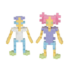 The Plus Plus Tube - 240 Piece - Pastel Mix lets kids build two blocky figures in soft hues (blue, yellow, pink, purple), inspiring creative STEM play and developing fine motor skills.