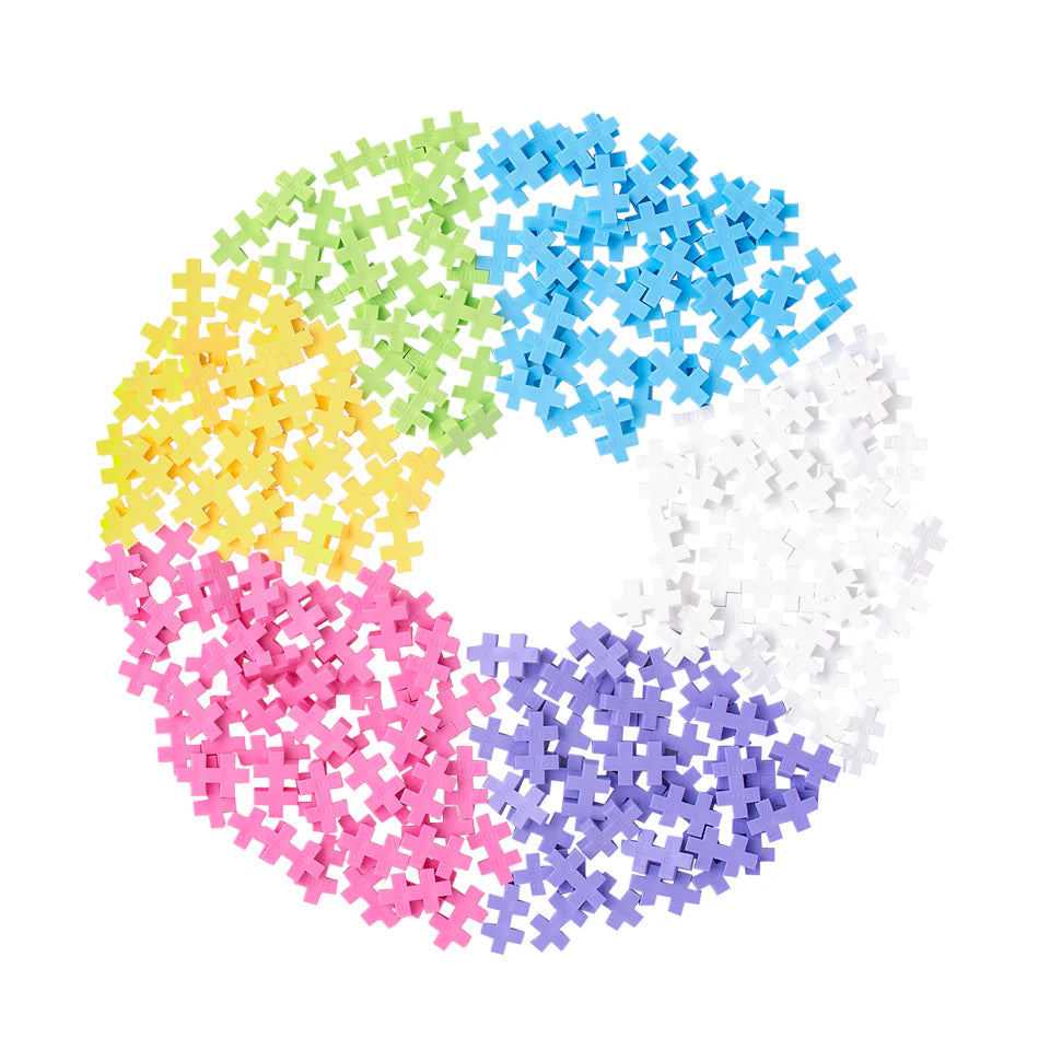 The Plus Plus Tube - 240 Piece - Pastel Mix features interlocking plastic pieces in pastel green, blue, white, purple, pink, and yellow—an ideal STEM toy for inspiring creative play.