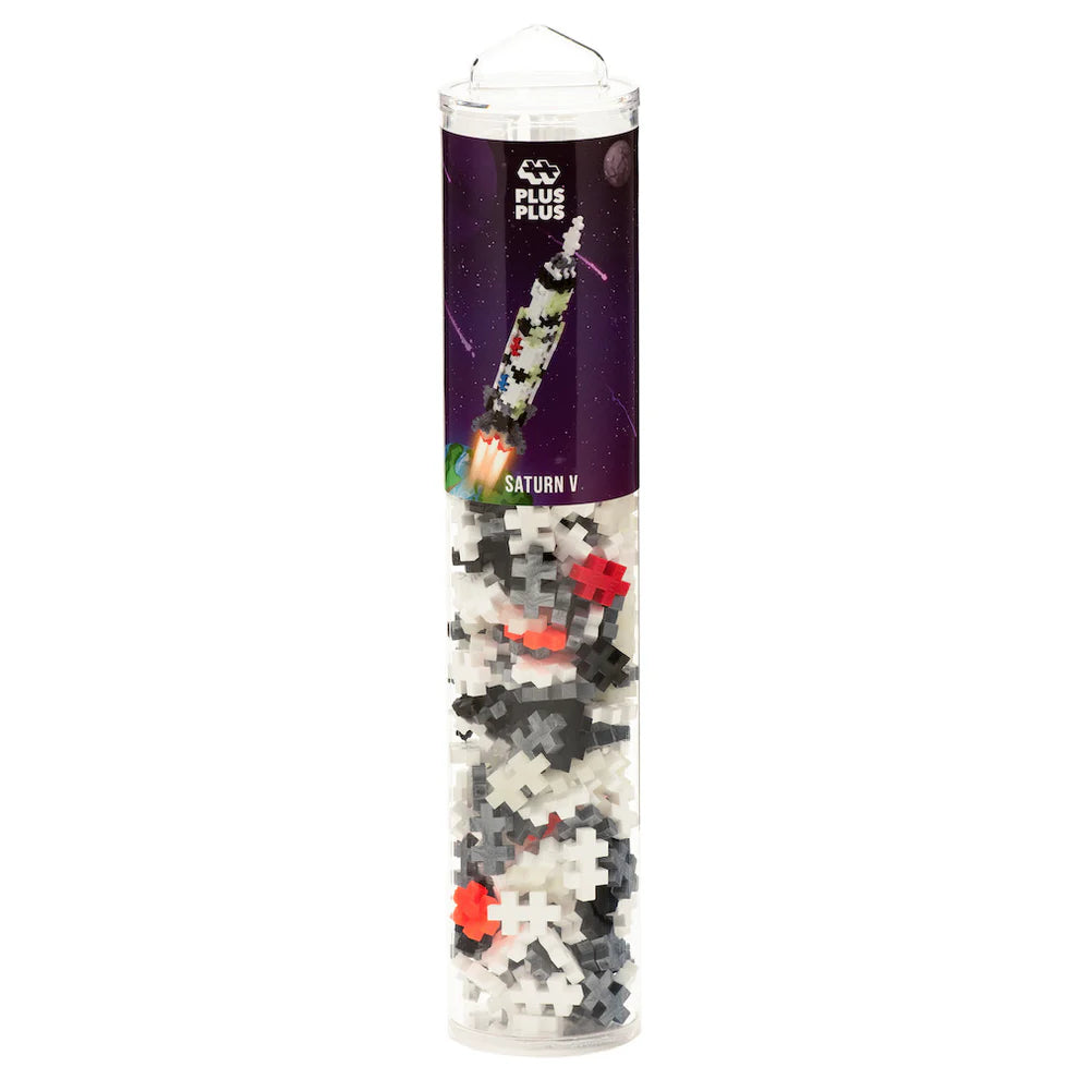 The Plus-Plus Tube - 240 Piece - Saturn V Rocket features interlocking pieces in white, black, and red for creative STEM play. Space-themed packaging inspires imagination and fine motor skills—perfect for young builders.