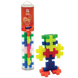 The Plus Plus Tube - BIG 15 Piece - Neon is displayed alongside a vibrant figure built from the blocks, inspiring creative play and aiding fine motor skill development with this engaging STEM toy.