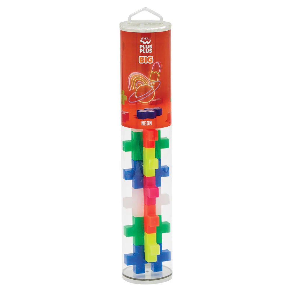 The Plus Plus Tube - BIG 15 Piece - Neon features vibrant building blocks in a transparent tube, perfect for creative play and fine motor skill development.