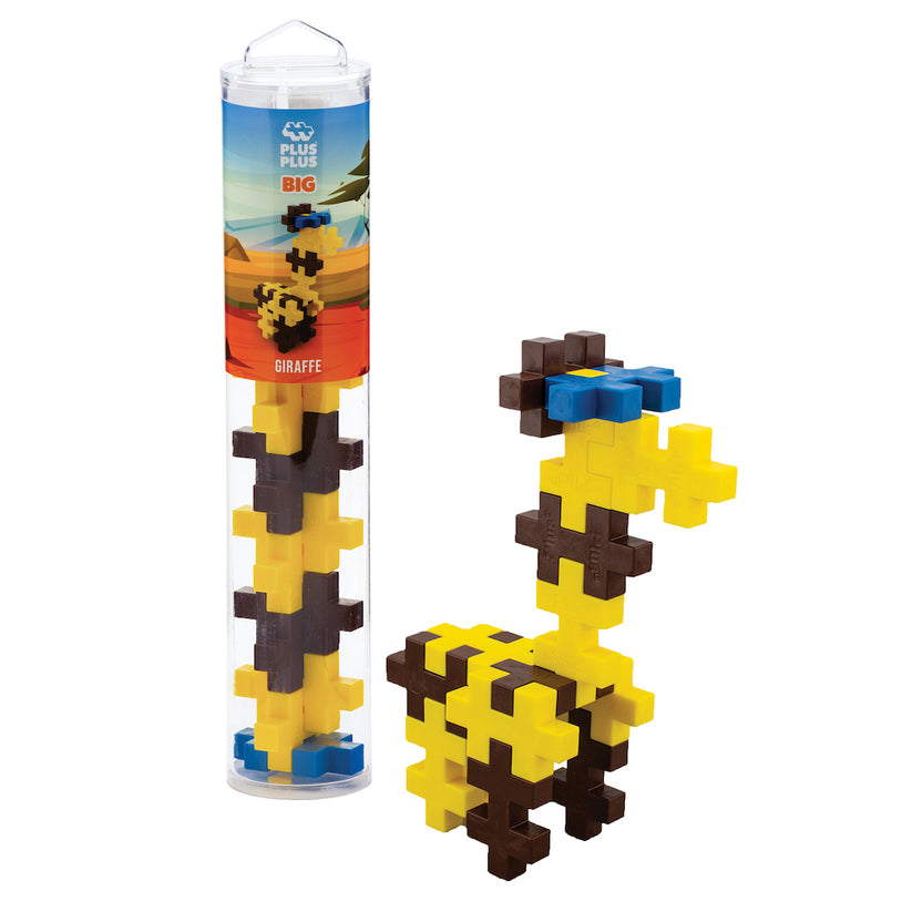 A cylindrical container labeled “BIG 15 Piece Building Block Tube - Giraffe” from Plus Plus stands beside a giraffe figure assembled from large, yellow and brown interlocking plastic blocks—building toys designed to help develop fine motor skills.