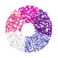 Plus Plus Tube - 240 Piece - Glitter Mix features colorful pieces—pink, purple, lavender, and white—arranged in a circular pattern on a white background, inspiring creative play and fine motor skill building.