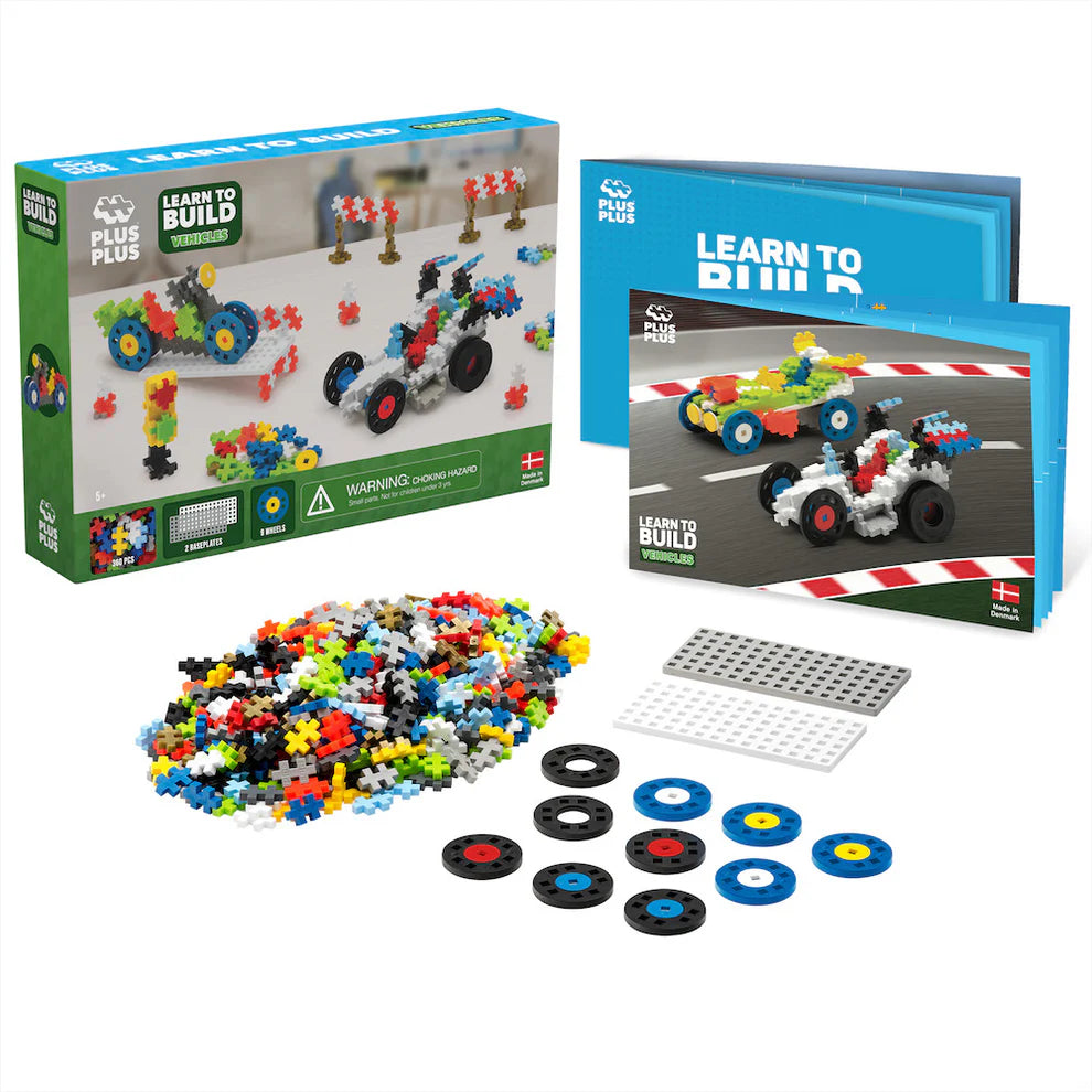 The Plus Plus Learn to Build - Vehicles set includes colorful pieces, wheels, and instructions for creating race cars, with packaging that shows finished models—an ideal STEM toy for young builders.