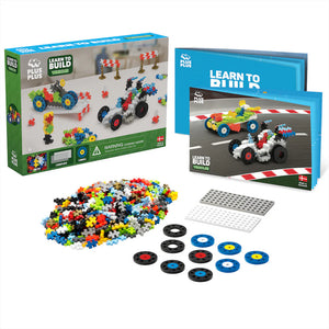 The Plus Plus Learn to Build - Vehicles set includes colorful pieces, wheels, and instructions for creating race cars, with packaging that shows finished models—an ideal STEM toy for young builders.