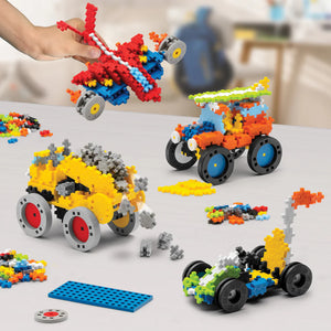 The Plus Plus GO! Learn To Build Vehicles - Super Set features colorful plastic blocks to create a car, plane, and racecar—a hands-on STEM toy for creative play and vehicle building.