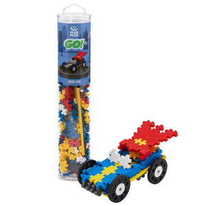 The Plus Plus Tube - Color Cars - Hero lets kids build a colorful toy car with blue, yellow, white, black, and red pieces and four wheels—perfect for creative play and fine motor skill development.