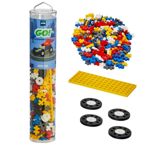 The Plus Plus Tube - Color Cars - Hero includes interlocking pieces, colorful blocks, a yellow base plate, and four black wheels for creative STEM car building and fine motor skill development.