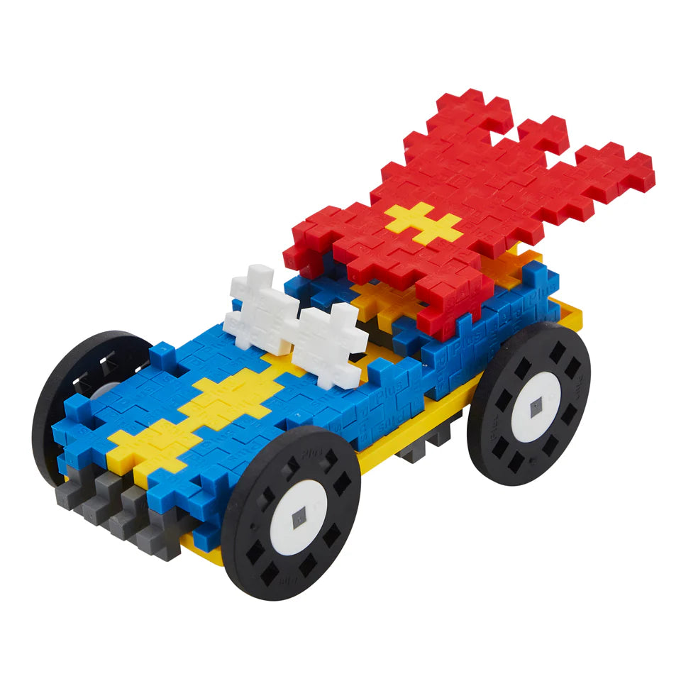 The Plus Plus Tube - Color Cars - Hero is a STEM toy car made from interlocking plastic pieces in blue, yellow, red, white, and gray with four black wheels and a red spoiler—great for creative play that boosts fine motor skills.