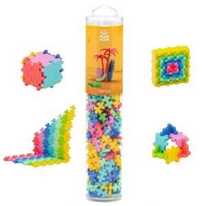 A clear tube of Plus-Plus Tube - 240 Piece Tropical Mix building blocks by Plus Plus, featuring colorful shapes like cubes, stairs, squares, and rings. A fun STEM toy that sparks creativity and develops fine motor skills.