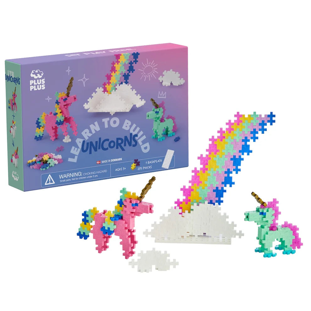The Plus Plus Learn To Build - Unicorns kit features colorful pieces to build unicorns, a cloud, and a rainbow—ideal for creative play and building fine motor skills with this fun STEM toy.