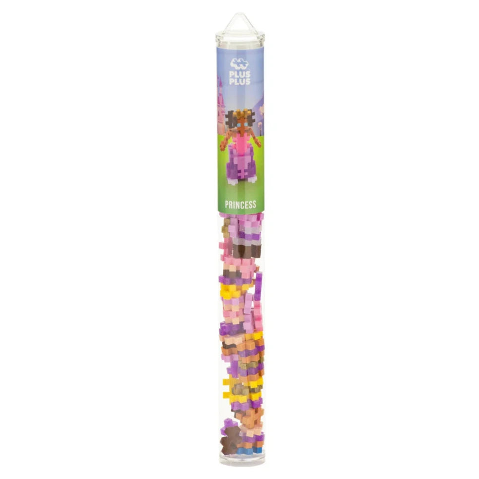 The Plus Plus Tube - Princess features colorful interlocking pieces in pink, yellow, purple, and brown shades for creative play that promotes fine motor skill development.
