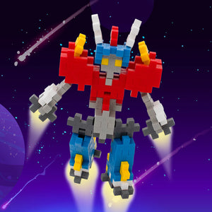 The Plus Plus Tube - Mecha Bot is a vibrant STEM toy robot built from interlocking blocks, shown flying in space with glowing feet and a starry background—ideal for sparking creative play.