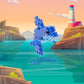 A pixelated blue dolphin leaps between rocky cliffs, built with the Plus Plus Tube - Dolphin set, while a lighthouse stands in the distance under a pink-orange sky—a perfect build for sea creature fans.
