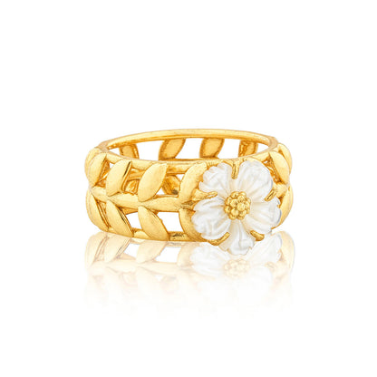 The Juliska Capucine De Wulf Villandry Fleur Vine Ring features a leaf motif band and central mother of pearl flower, perfect for elegant garden party wear, shown on a white background.