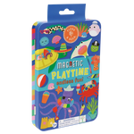 The “Ocean Magnetic Playtime Tin” by Floss and Rock is a colorful magnetic tin featuring sea creatures and beach-themed illustrations. It comes with pop out magnets made from recycled materials. Includes a warning label for small parts; suitable for ages 3 and up.
