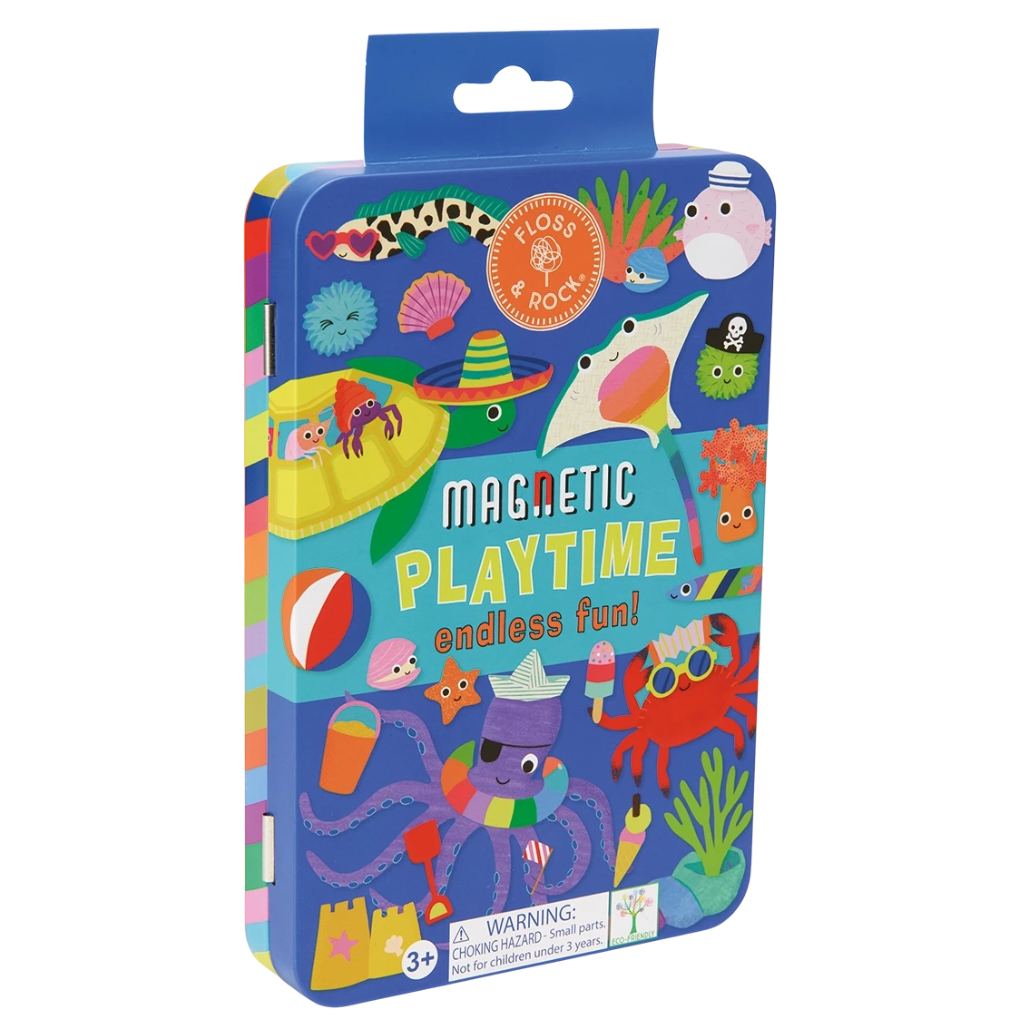 The “Ocean Magnetic Playtime Tin” by Floss and Rock is a colorful magnetic tin featuring sea creatures and beach-themed illustrations. It comes with pop out magnets made from recycled materials. Includes a warning label for small parts; suitable for ages 3 and up.