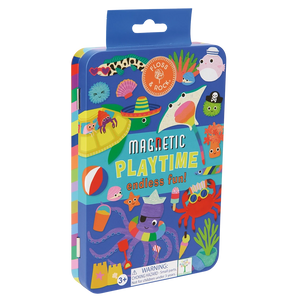 The “Ocean Magnetic Playtime Tin” by Floss and Rock is a colorful magnetic tin featuring sea creatures and beach-themed illustrations. It comes with pop out magnets made from recycled materials. Includes a warning label for small parts; suitable for ages 3 and up.