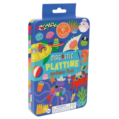 The “Ocean Magnetic Playtime Tin” by Floss and Rock is a colorful magnetic tin featuring sea creatures and beach-themed illustrations. It comes with pop out magnets made from recycled materials. Includes a warning label for small parts; suitable for ages 3 and up.