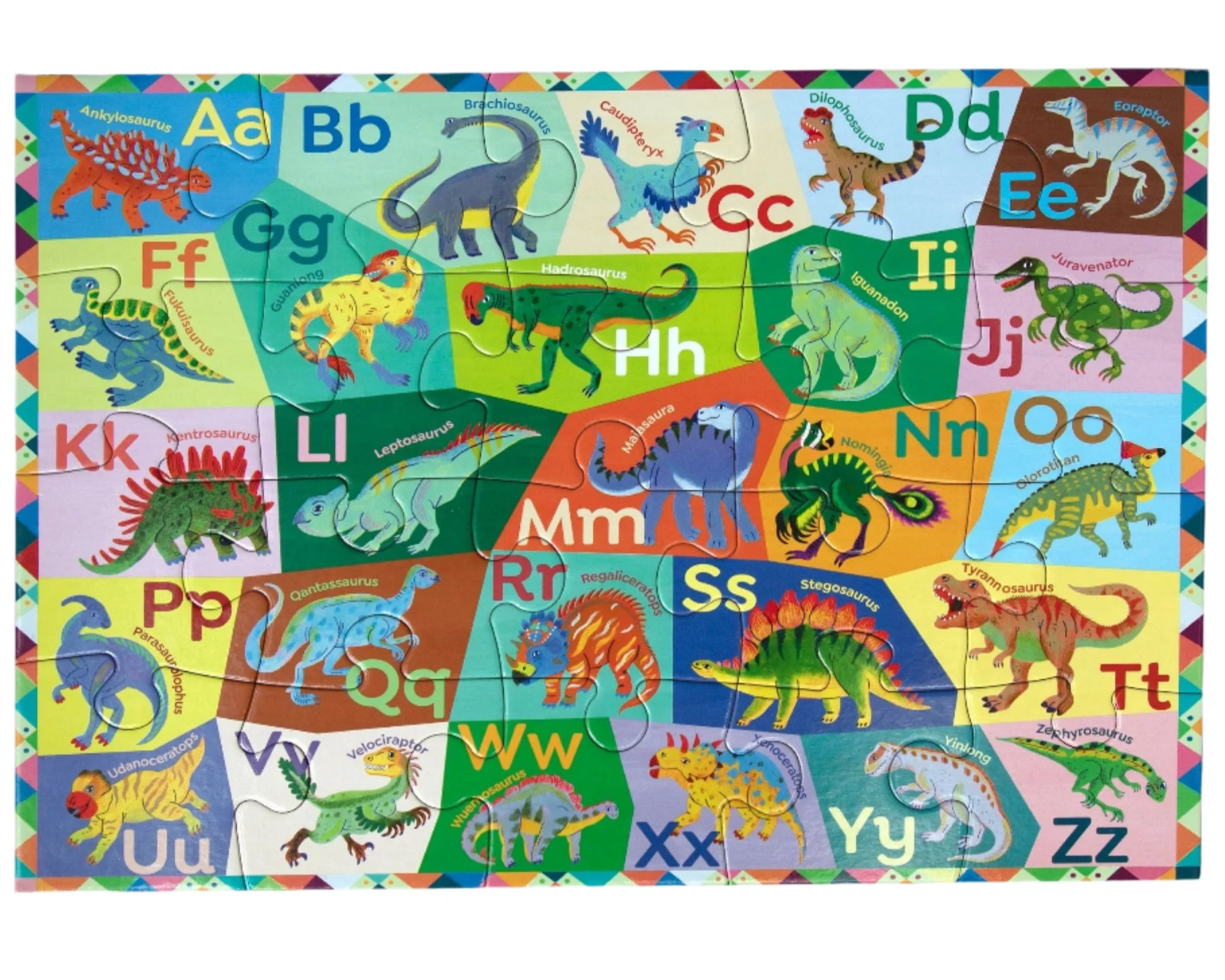 Eeboo Dinosaur Alphabet 20 Piece Puzzle—a vibrant puzzle featuring illustrated dinosaurs from A to Z, helping kids learn letters while having fun. Perfect for pairing with a dinosaur alphabet chart.