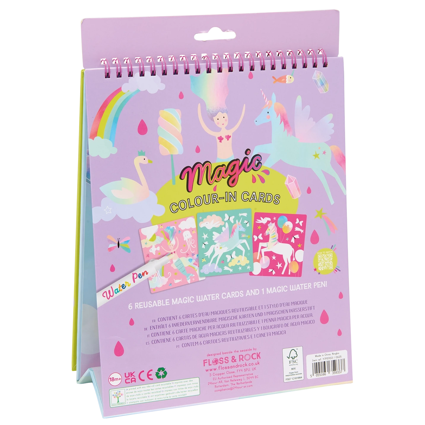 Introducing the Floss and Rock Fantasy Easel Watercard and Pen: a spiral-bound, portable kids art set featuring colorful illustrations of unicorns and rainbows. This set includes 6 reusable coloring cards and a magic water pen for endless creative fun.